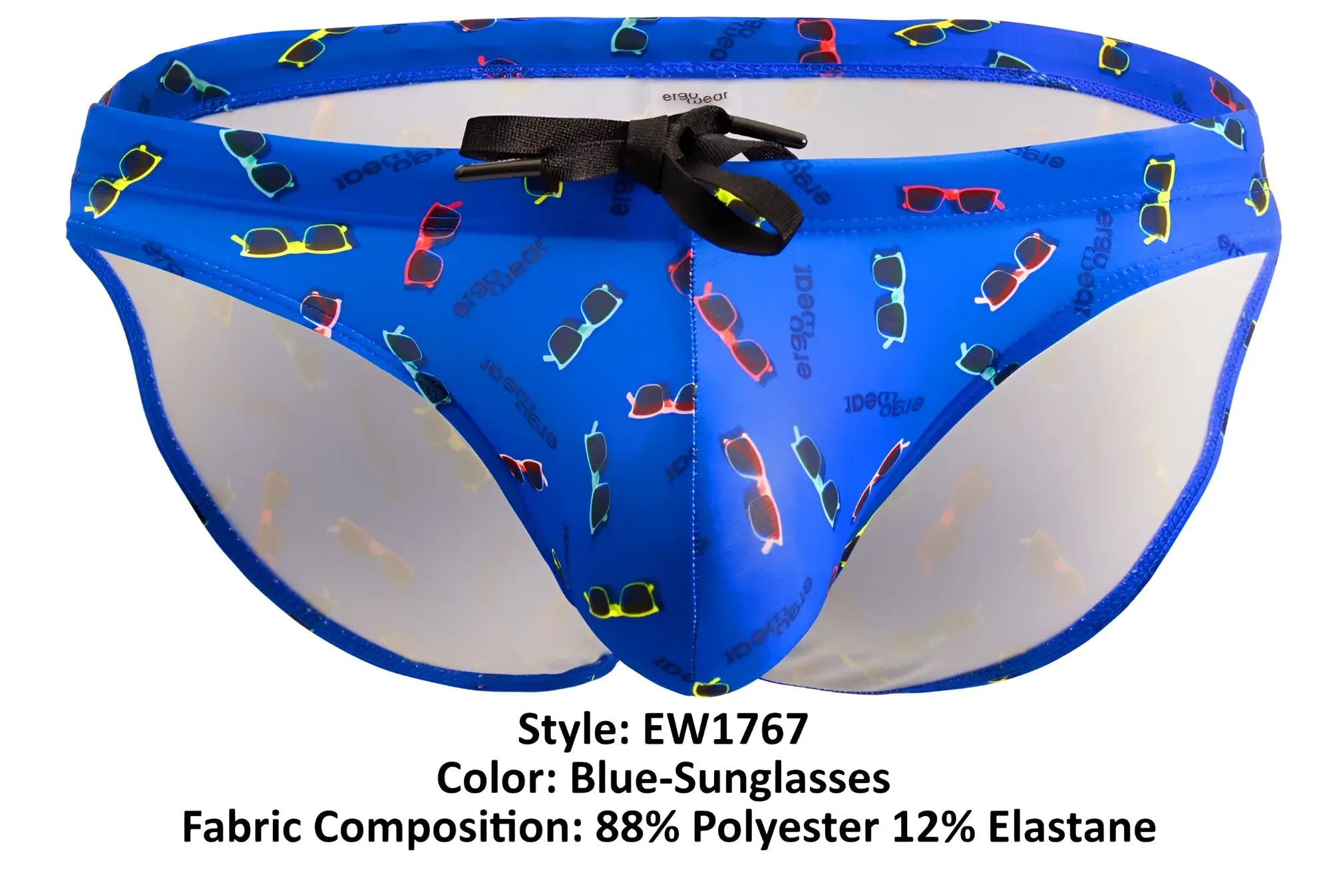 Blue swim briefs by ergowear with colorful sunglasses pattern made of 88 polyester and 12 elastane
