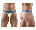 Men’s yellow thong with blue elastic waistband and small bird pattern ergonomic design by eregowear color vanilla-birds