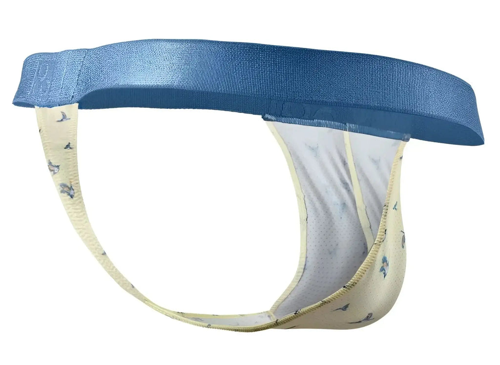 Blue and cream-colored ergoWear EW1768 SLK SE g-string briefs with subtle bird pattern in vanilla color