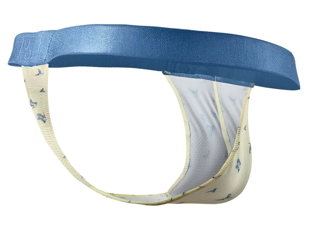 Blue and cream-colored ergoWear EW1768 SLK SE g-string briefs with subtle bird pattern in vanilla color