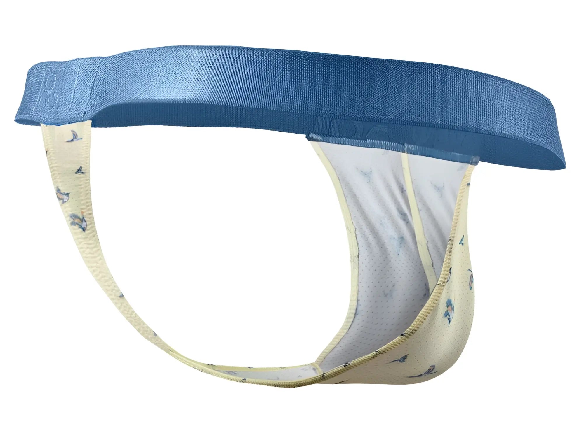 Blue and cream-colored ergoWear EW1768 SLK SE g-string briefs with subtle bird pattern in vanilla color