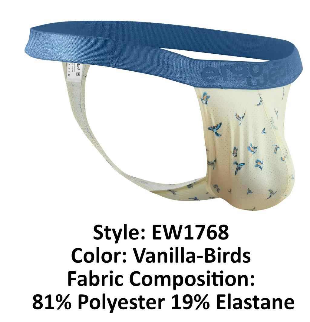Vanilla-colored ergo wear ew1768 slk se g-string briefs with bird pattern blue waistband made of polyester elastane