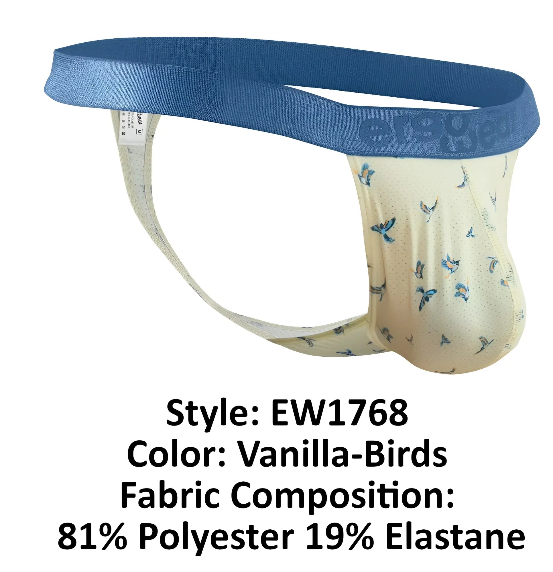 Vanilla-colored ergo wear ew1768 slk se g-string briefs with bird pattern blue waistband made of polyester elastane