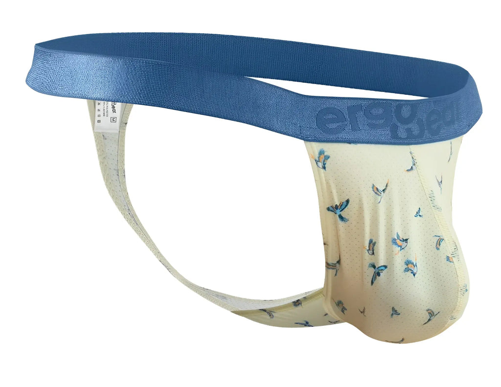 Cream-colored men’s briefs with blue butterfly pattern and solid blue waistband by ergowear ew1768 slk se g-string vanilla-birds
