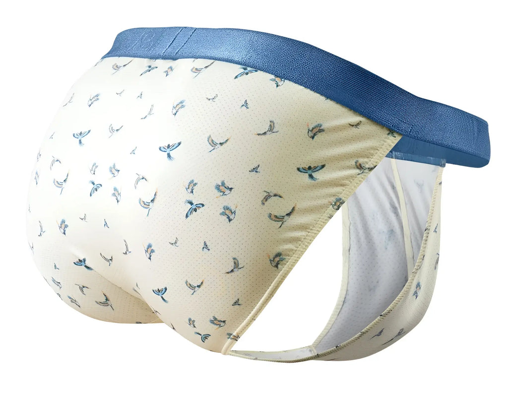 Beige ergoWear ew1769 slk se bikini briefs with delicate blue bird pattern and solid navy waistband