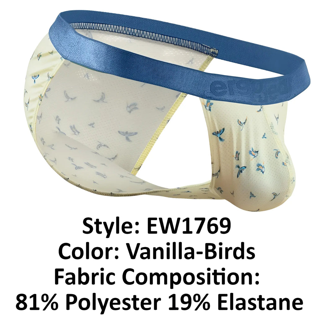 Ergowear EW1769 SLK SE bikini vanilla-colored men’s briefs with bird pattern and blue satin waistband made of polyester elastane