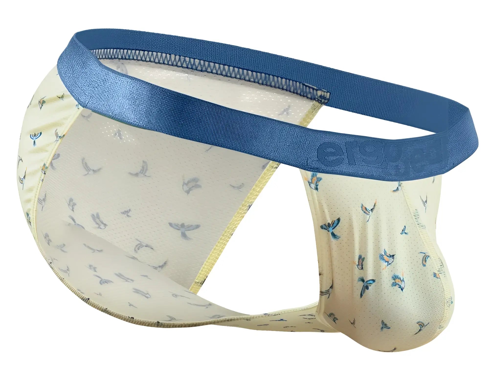 Cream-colored men’s briefs with blue bird pattern and navy eroge waistband from ergowear ew1769 slk se bikini vanilla-birds