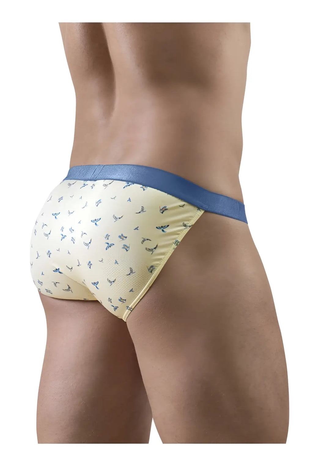 Cream-colored ergoWear ew1769 slk se bikini briefs with blue bird pattern and solid royal blue waistband front view