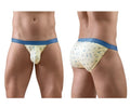 Cream-colored ErgoWear EW1769 SLK SE bikini briefs with blue anchor pattern and royal blue waistband in vanilla-birds design