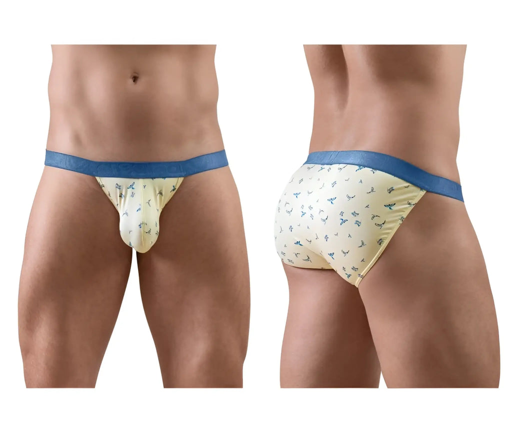 Cream-colored ErgoWear EW1769 SLK SE bikini briefs with blue anchor pattern and royal blue waistband in vanilla-birds design