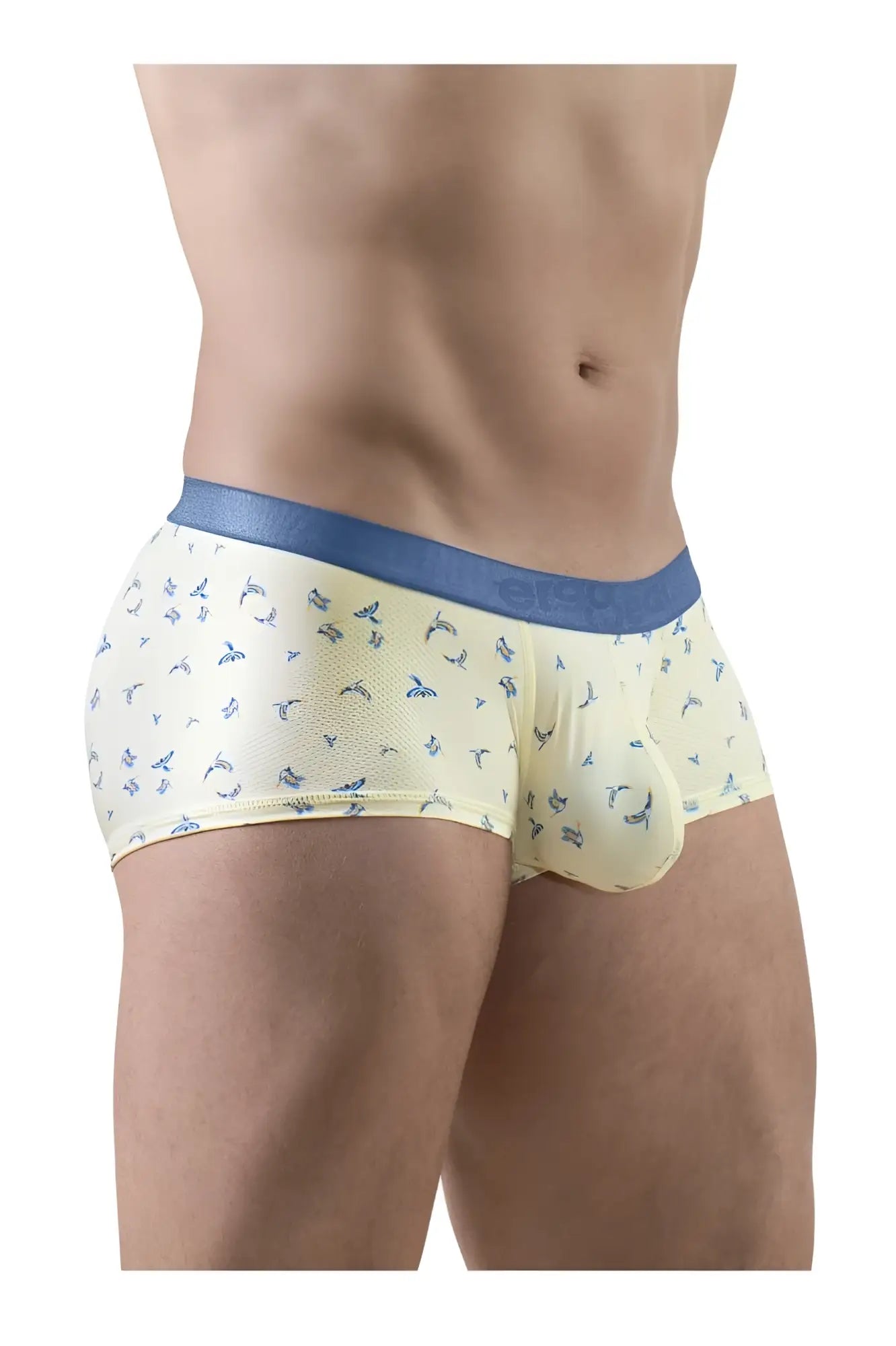 Cream-colored ergoWear ew1770 slk se trunks with blue bird pattern and solid blue waistband in vanilla color