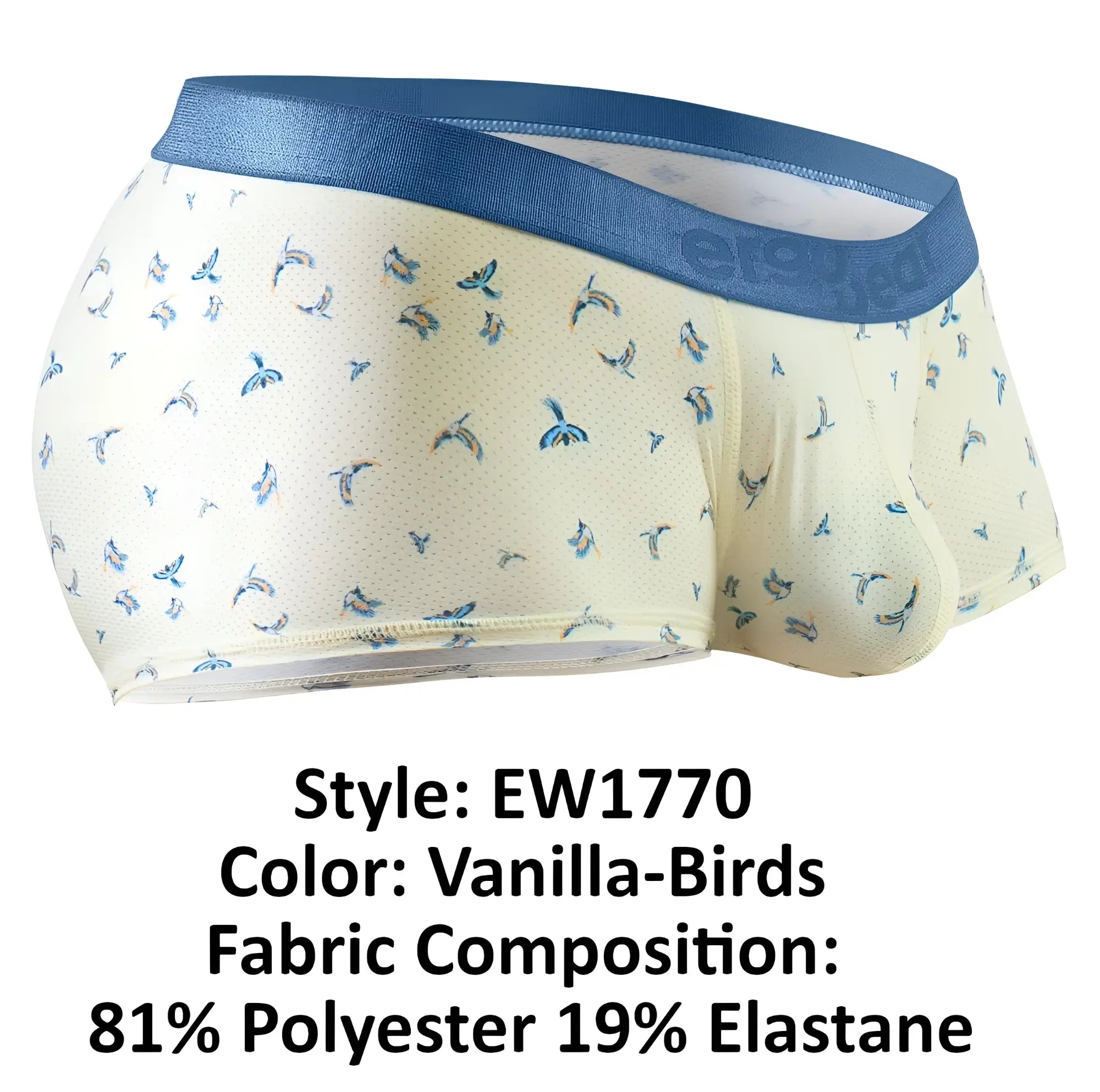 ErgoWear ew1770 slk se trunks in cream with blue bird pattern and navy elastic waistband in front view