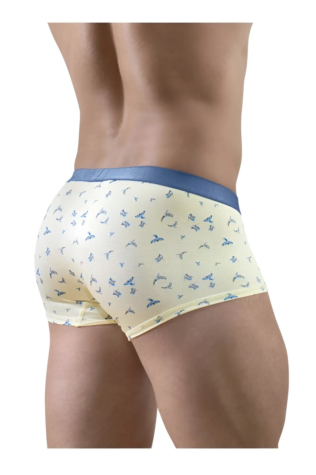 Ergowear ew1770 slk se trunks in vanilla with cream briefs featuring a subtle blue bird pattern and solid blue waistband