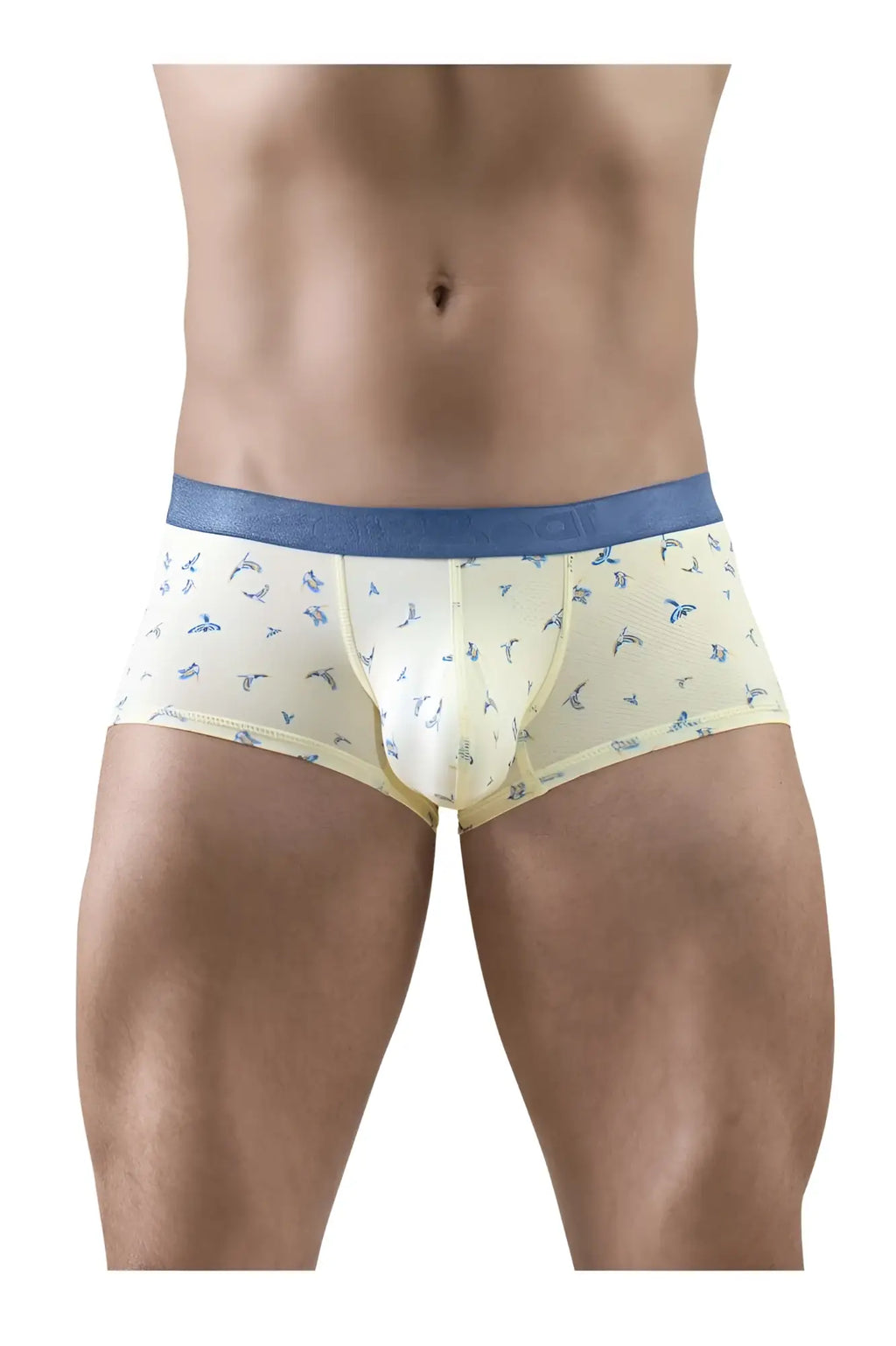 Light yellow ErgoWear EW1770 SLK SE trunks with blue waistband and small bird patterns in vanilla color