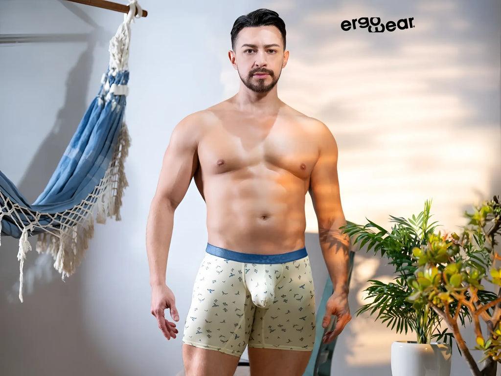 Beige ergowear boxer briefs with subtle bird pattern and solid blue waistband in vanilla color for everyday comfort