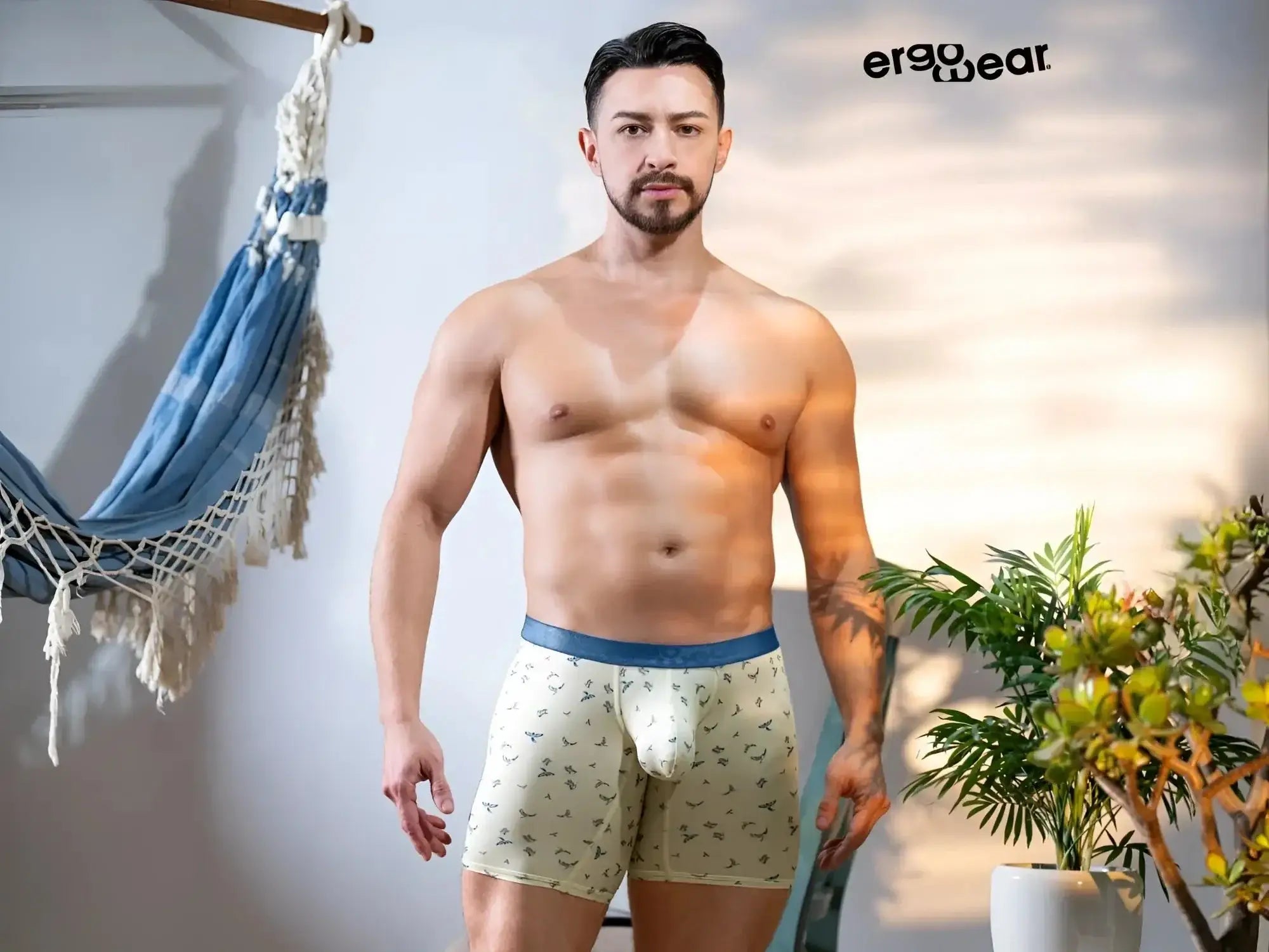 Beige ergowear boxer briefs with subtle bird pattern and solid blue waistband in vanilla color for everyday comfort