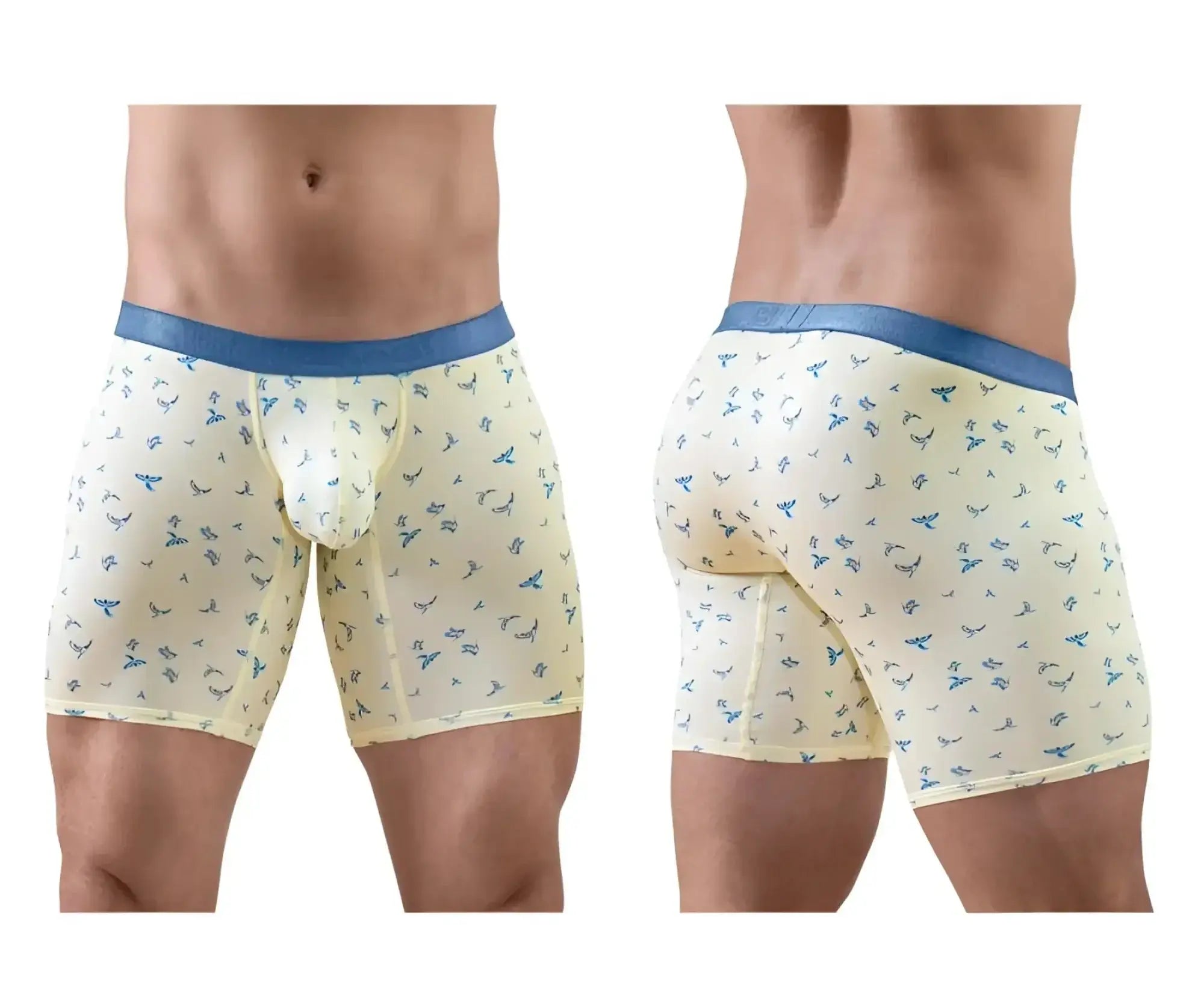 Ergowear EW1771 SLK SE boxer briefs in cream with blue bird pattern and solid blue waistband in vanilla-birds color