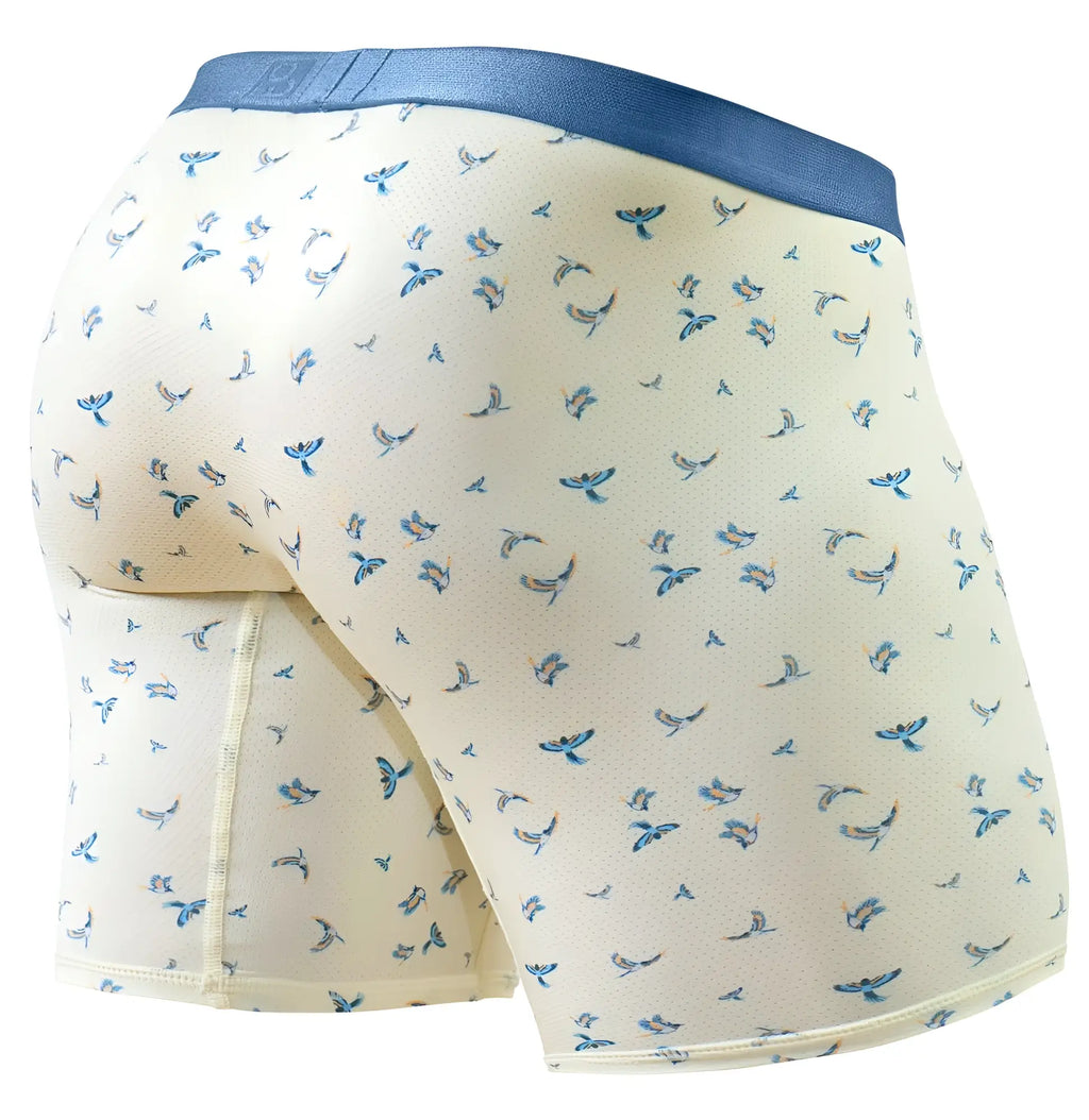 Ergowear ew1771 slk se cream-colored boxer briefs with blue bird pattern and solid navy waistband in vanilla color