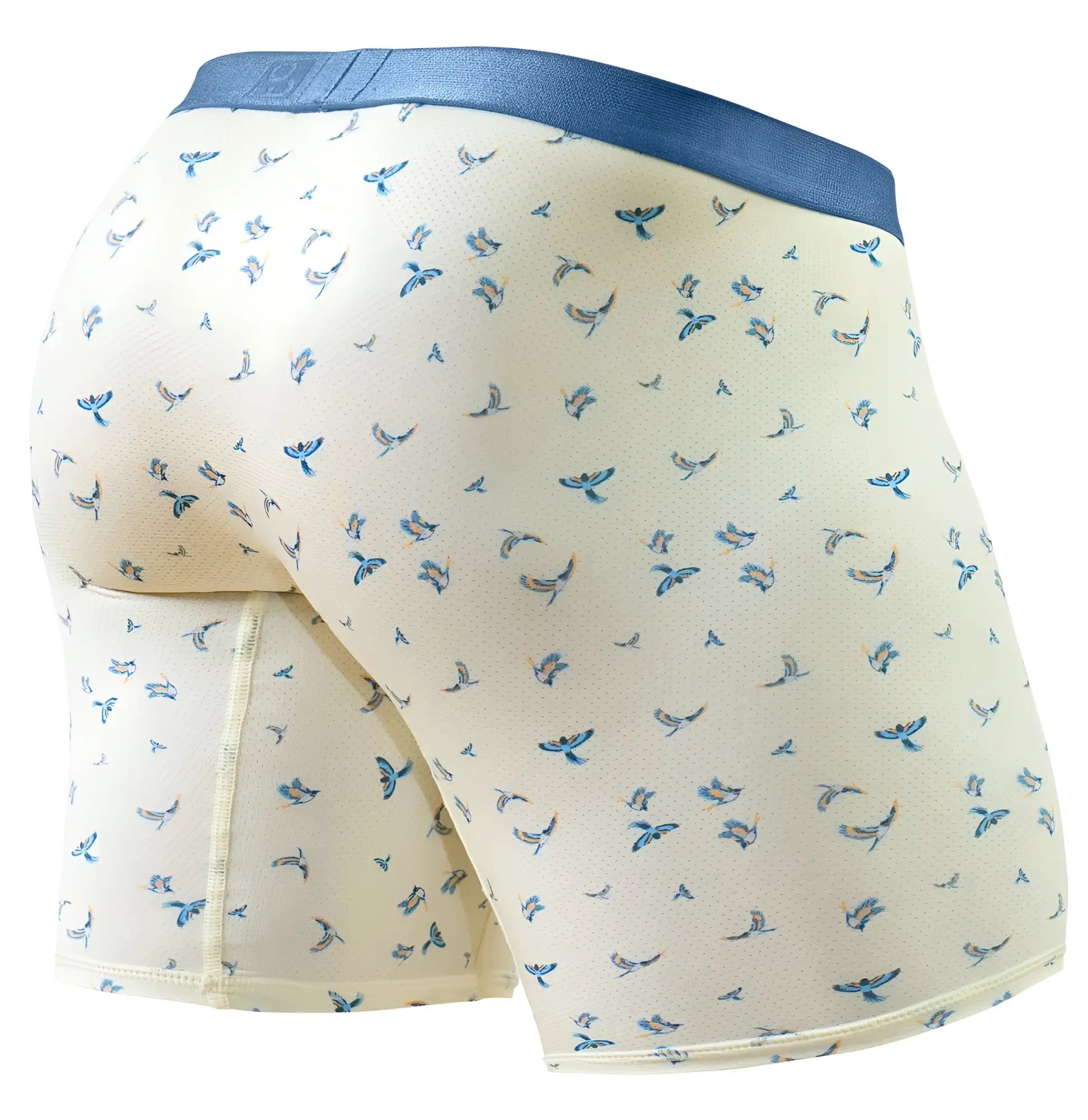Ergowear ew1771 slk se cream-colored boxer briefs with blue bird pattern and solid navy waistband in vanilla color