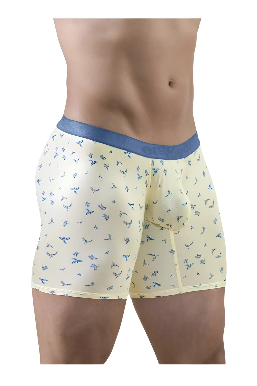 Cream-colored ergoWear EW1771 SLK SE boxer briefs with blue bird pattern and solid blue waistband in vanilla color