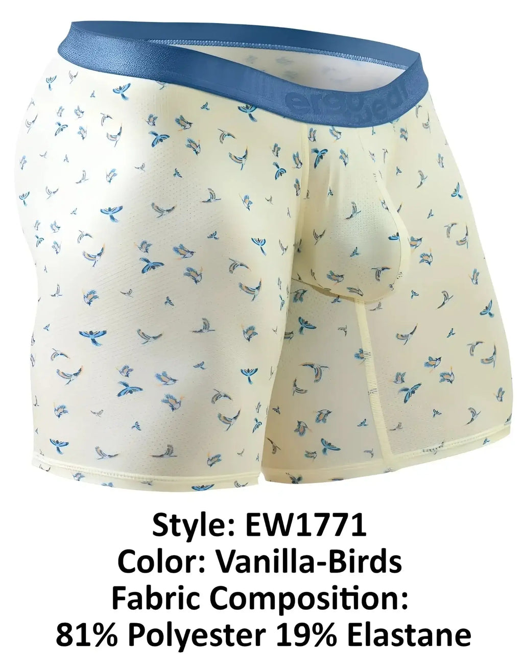 Cream-colored ergoWear ew1771 slk se boxer briefs with subtle blue bird pattern and solid blue waistband