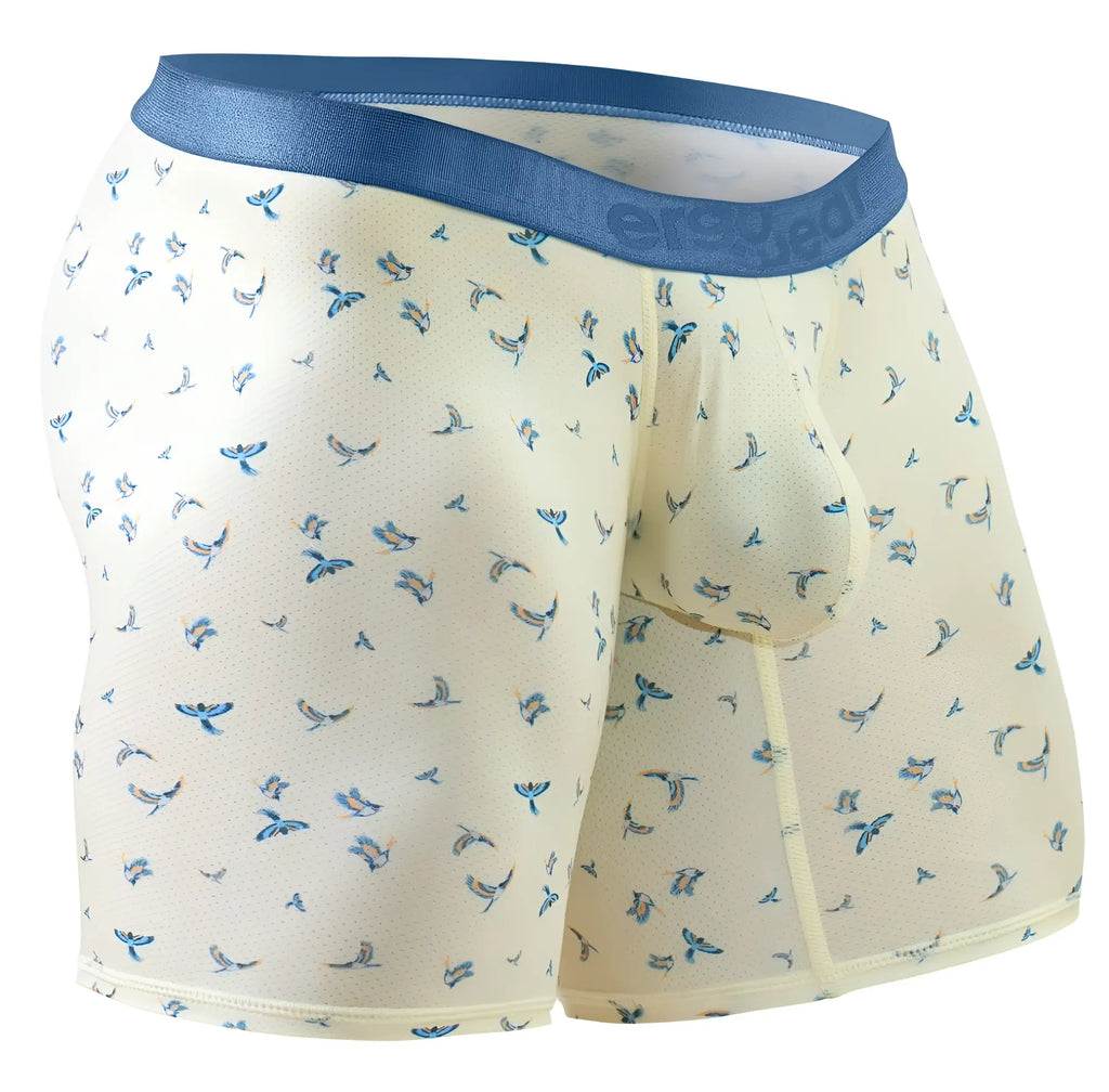 Cream-colored ergoWear ew1771 slk se boxer briefs with a blue bird pattern and navy elastic waistband in vanilla birds