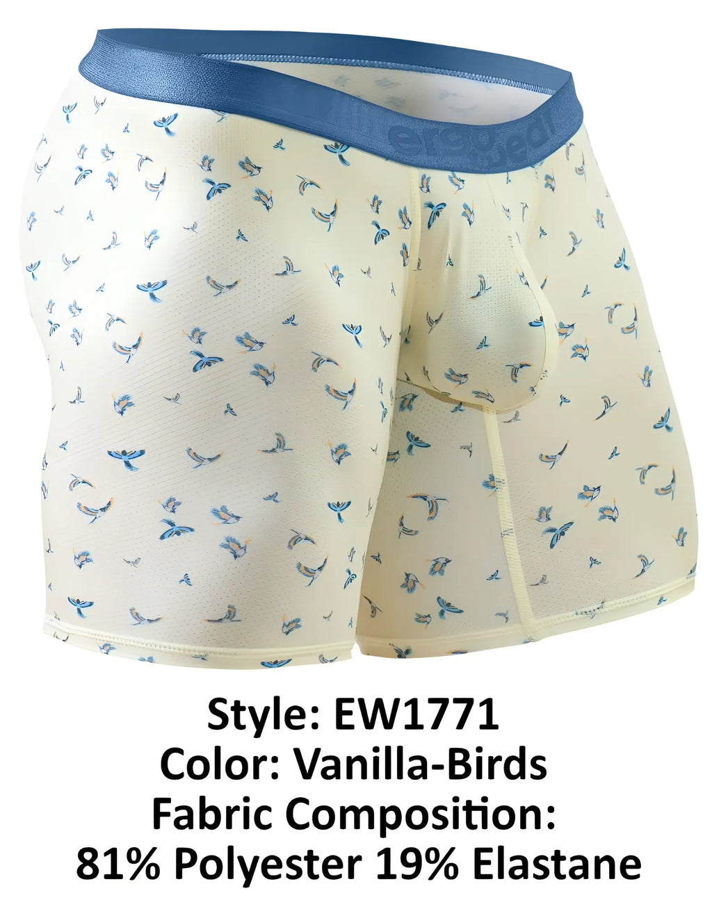 Cream-colored ergoWear ew1771 slk se boxer briefs with subtle blue bird pattern and solid blue waistband