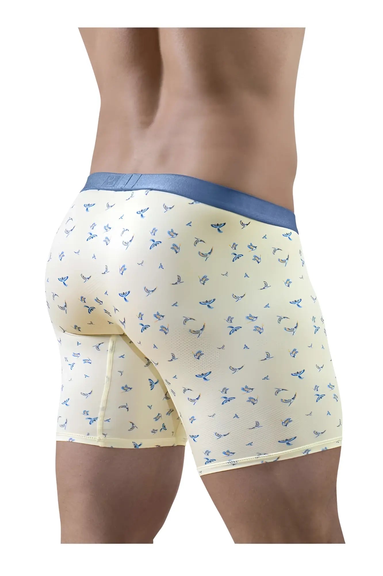 Cream-colored ergoWear boxer briefs with subtle blue butterfly pattern and solid blue waistband in vanilla birds color