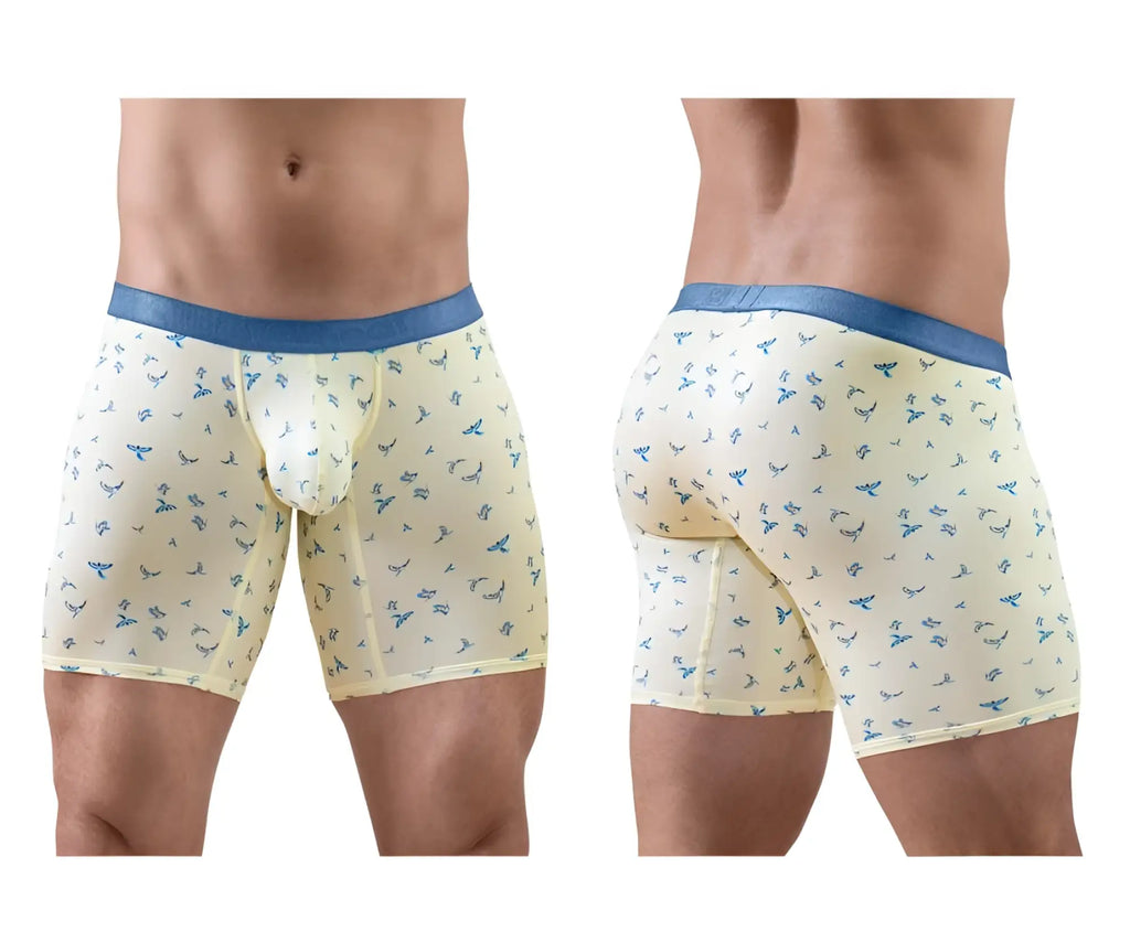Ergowear EW1771 SLK SE boxer briefs in cream with blue bird pattern and solid blue waistband in vanilla-birds color