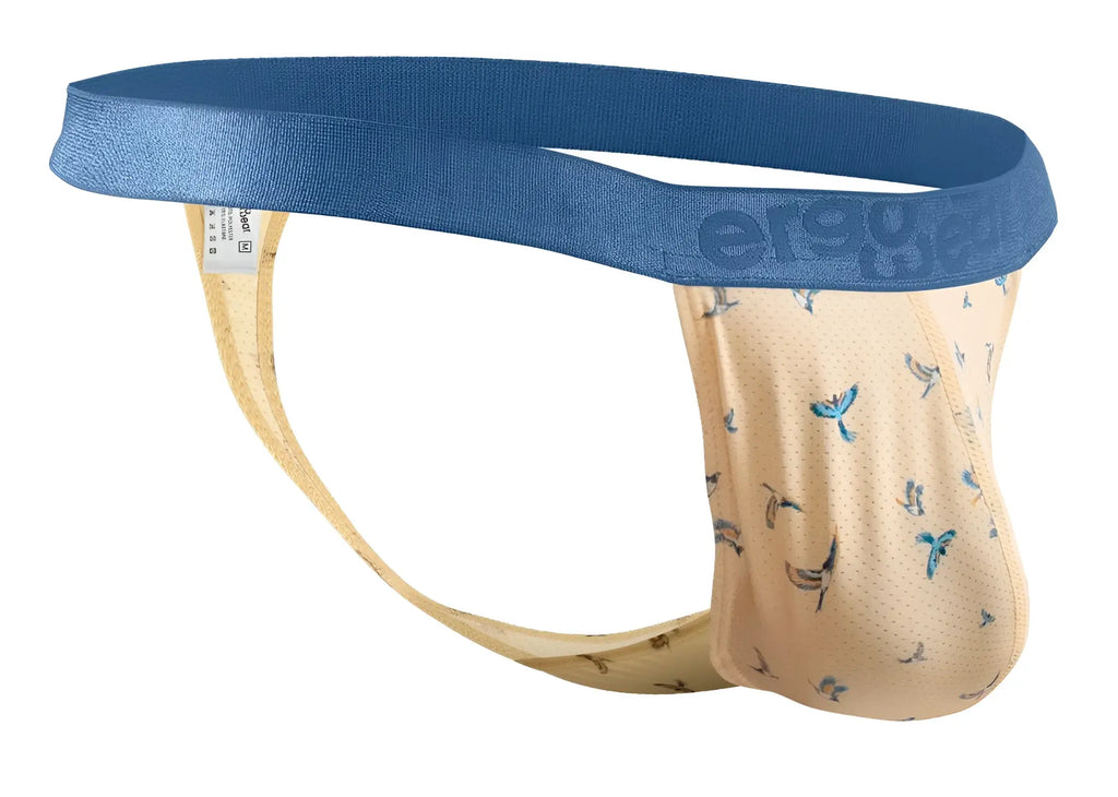 Beige and blue patterned mens jockstrap with textured fabric and small bird motifs by ergowear in peach-birds color