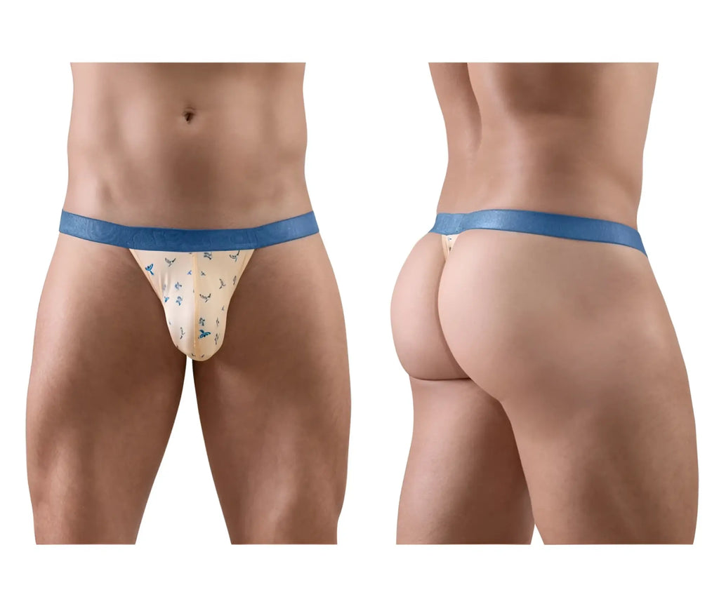 Beige ergo wear ew1772 slk se g-string with blue trim bird pattern and smooth elastic waistband front view