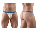 Beige ergo wear ew1772 slk se g-string with blue trim bird pattern and smooth elastic waistband front view
