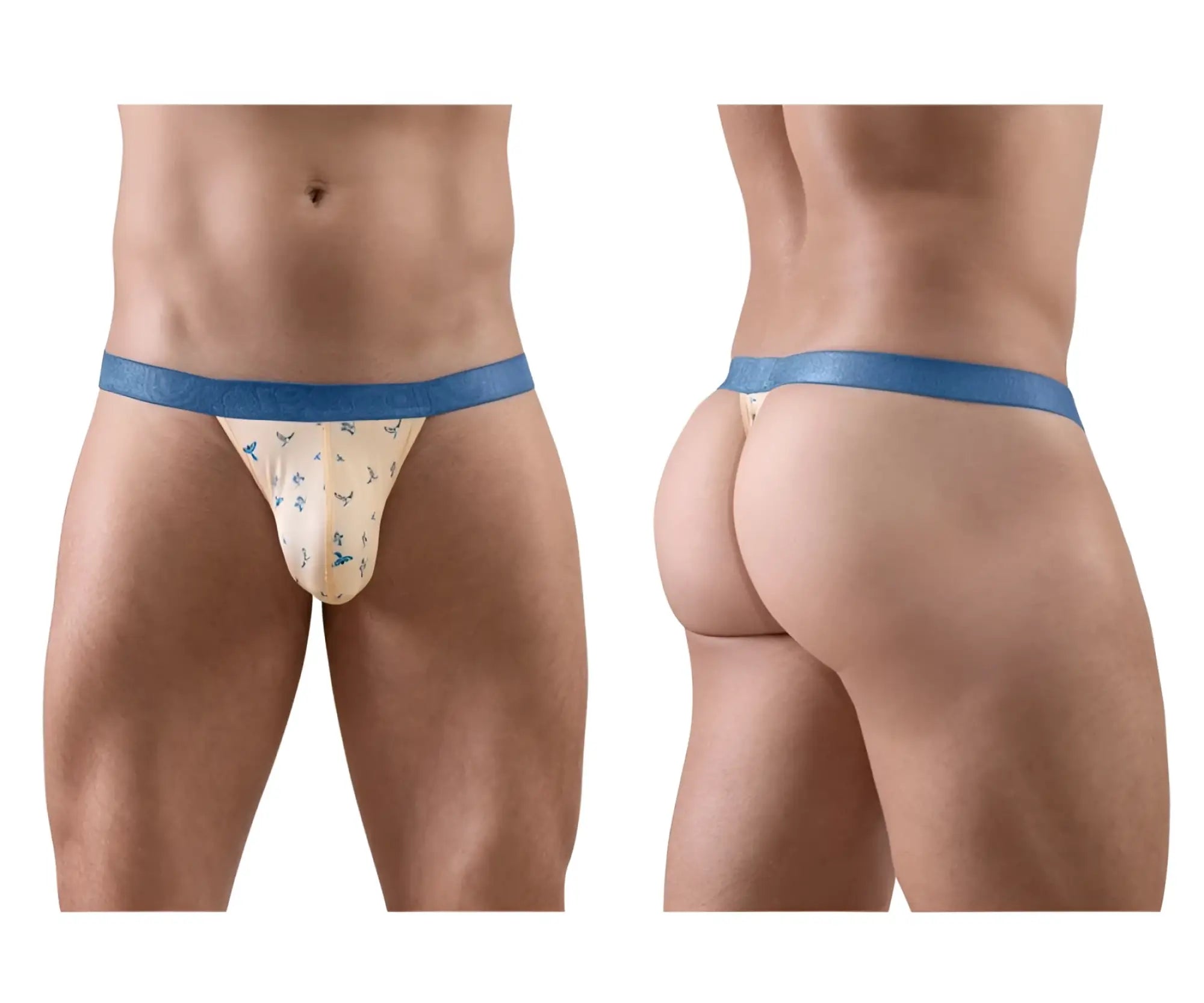 Beige ergo wear ew1772 slk se g-string with blue trim bird pattern and smooth elastic waistband front view