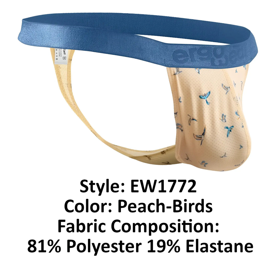 Peach-colored ErgoWear men’s briefs with blue elastic waistband and small bird pattern for comfortable everyday wear