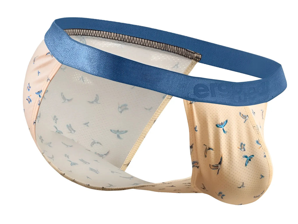 Beige and blue patterned men’s briefs with a satin waistband from ergowear ew1773 slk se bikini peach-birds collection
