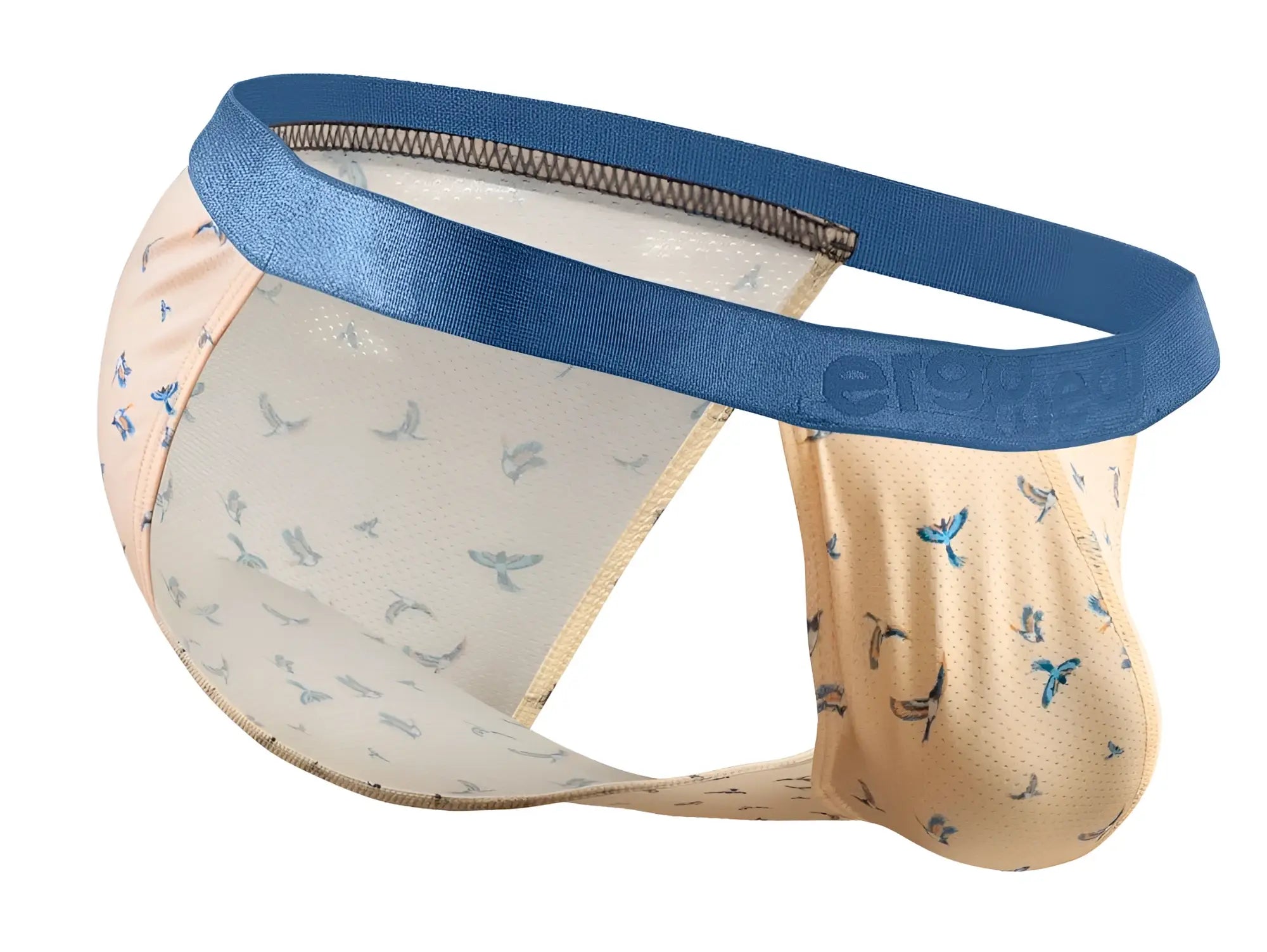 Beige and blue patterned men’s briefs with a satin waistband from ergowear ew1773 slk se bikini peach-birds collection