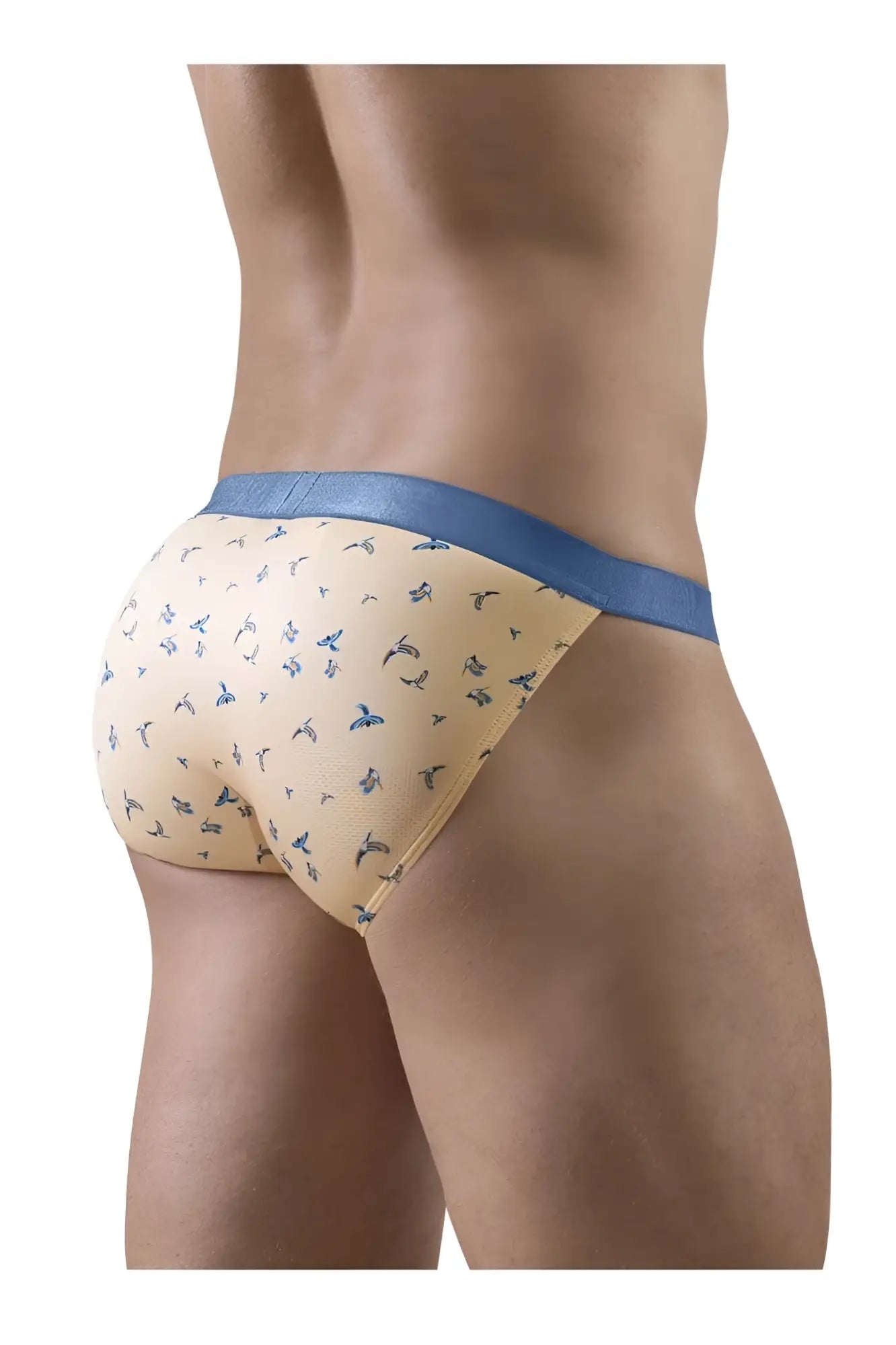 Beige briefs with blue trim and small bird pattern from ergowear ew1773 slk se bikini peach-birds collection