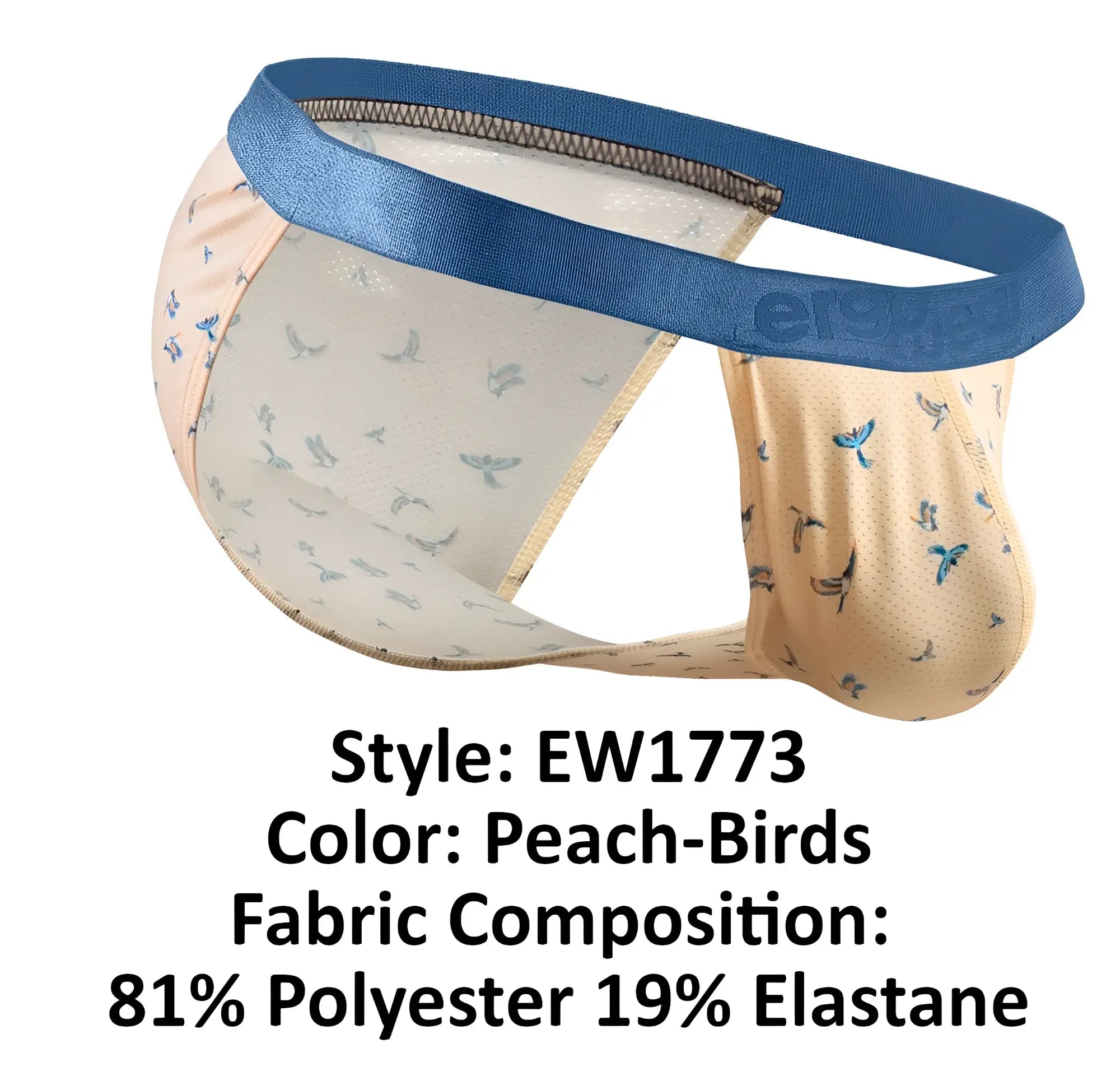Peach-colored ergoWear ew1773 slk se bikini briefs with subtle bird pattern and blue satin waistband for men