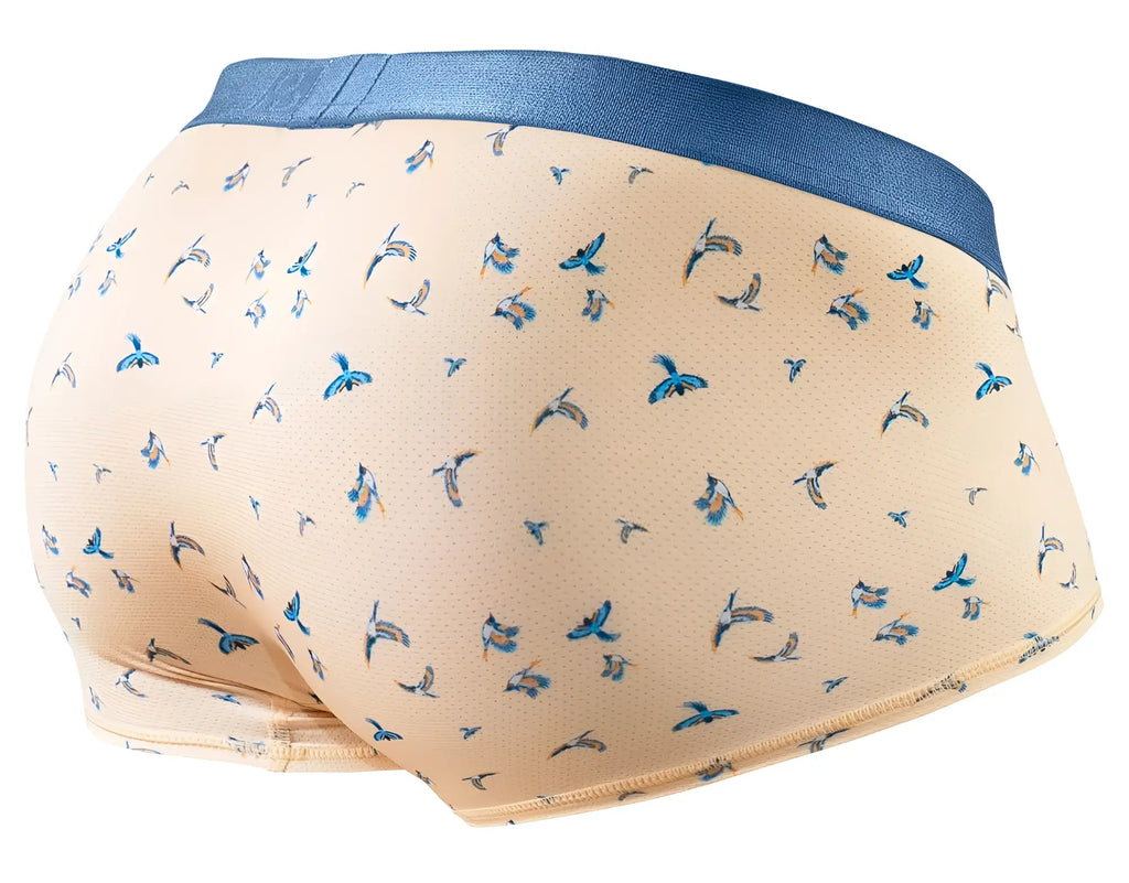 Ergowear ew1774 slk se trunks in beige with blue bird pattern and solid navy waistband for comfortable wear