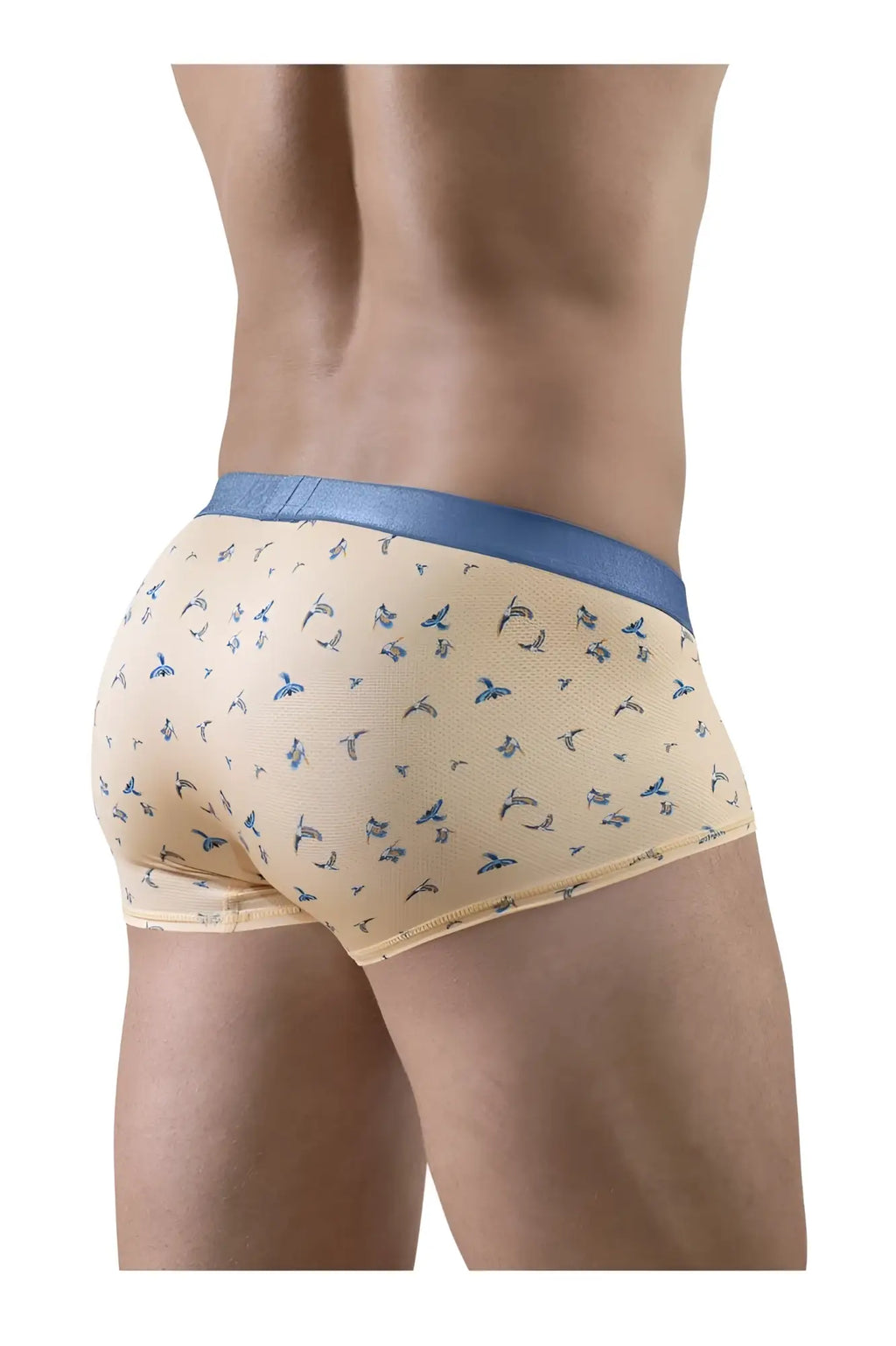 ErgoWear ew1774 SLK SE trunks in peach with blue bird pattern and solid blue waistband briefs front view