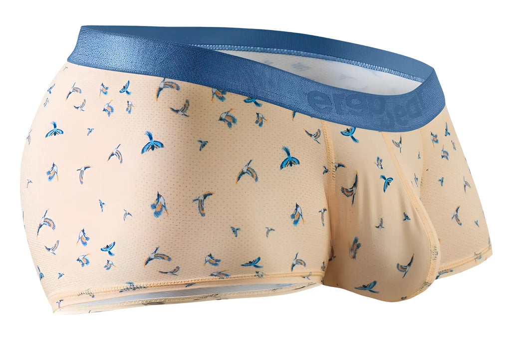 Beige men’s briefs with a blue bird pattern and satin-like blue waistband by ergowear ew1774 slk se trunks peach-birds