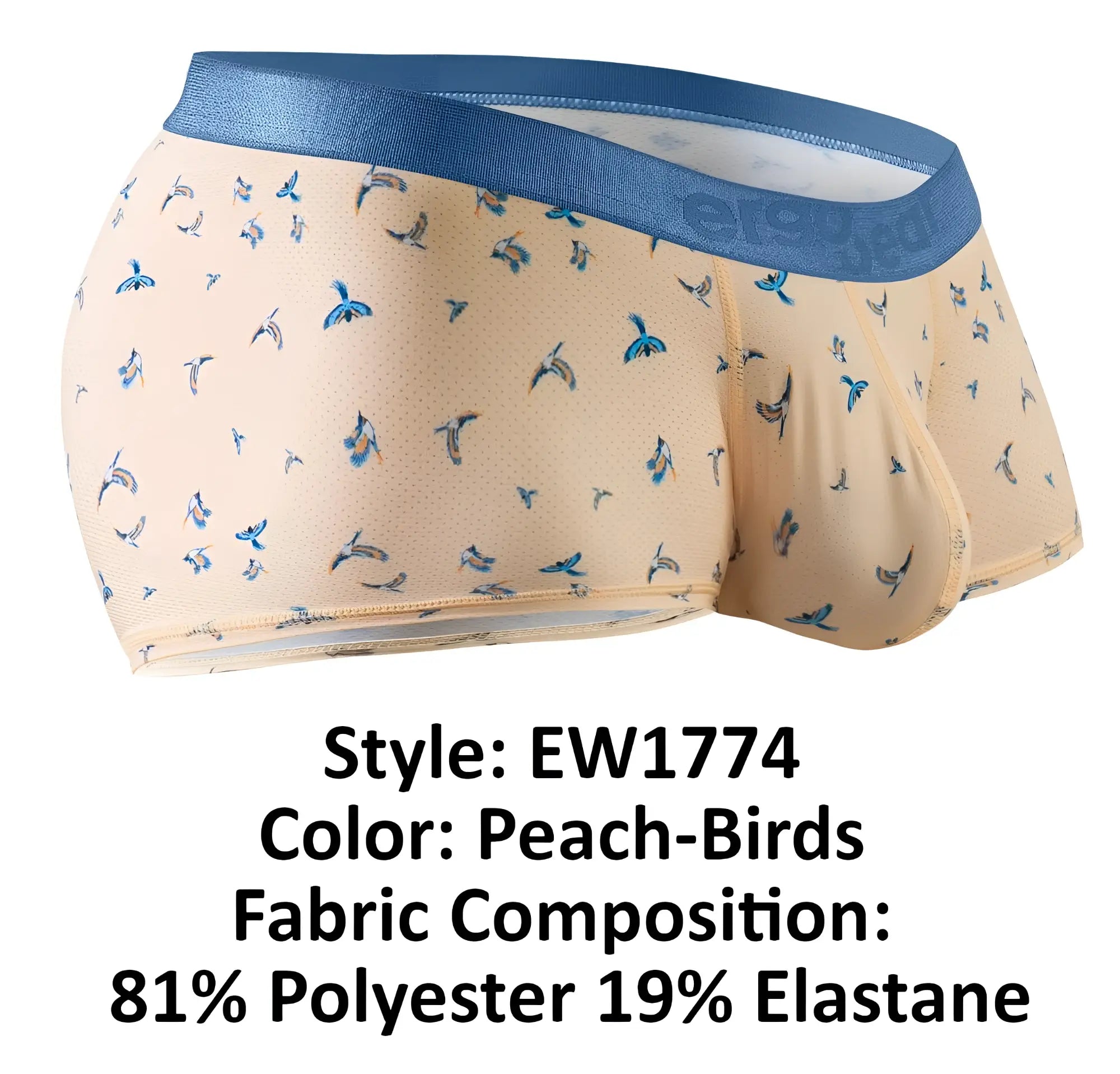 Peach-colored ergoWear ew1774 slk se trunks briefs with blue bird pattern and solid blue waistband in front view