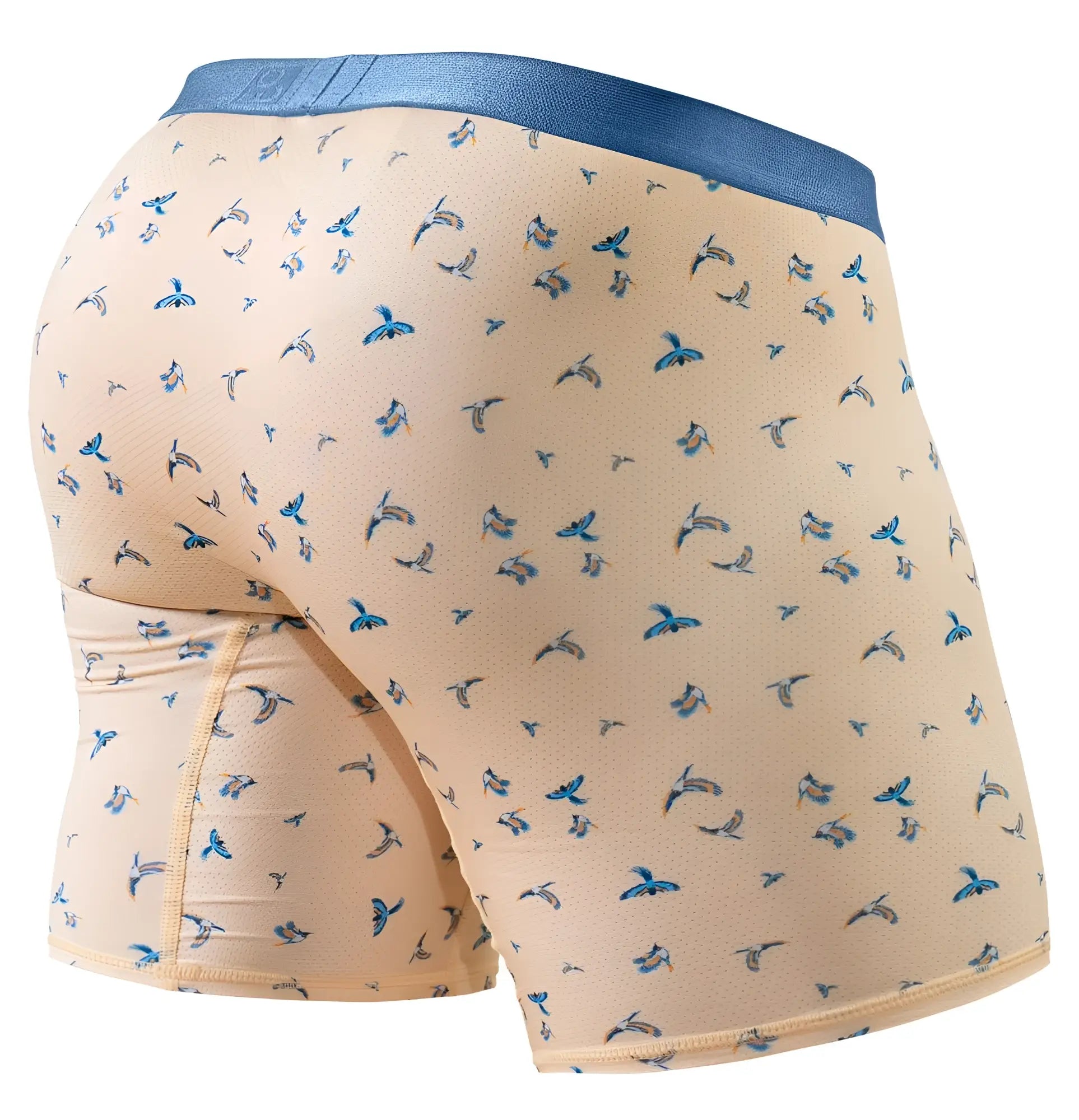 Beige ergoWear ew1775 slk se boxer briefs with blue bird pattern and solid blue waistband designed for comfort