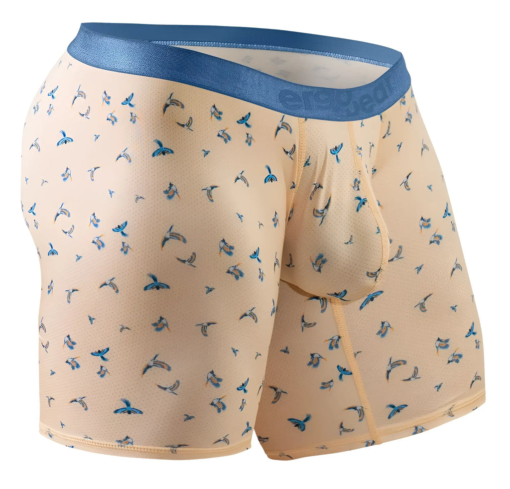 Beige peach birds boxer briefs by ergowear ew1775 slk se with blue bird pattern and solid blue waistband
