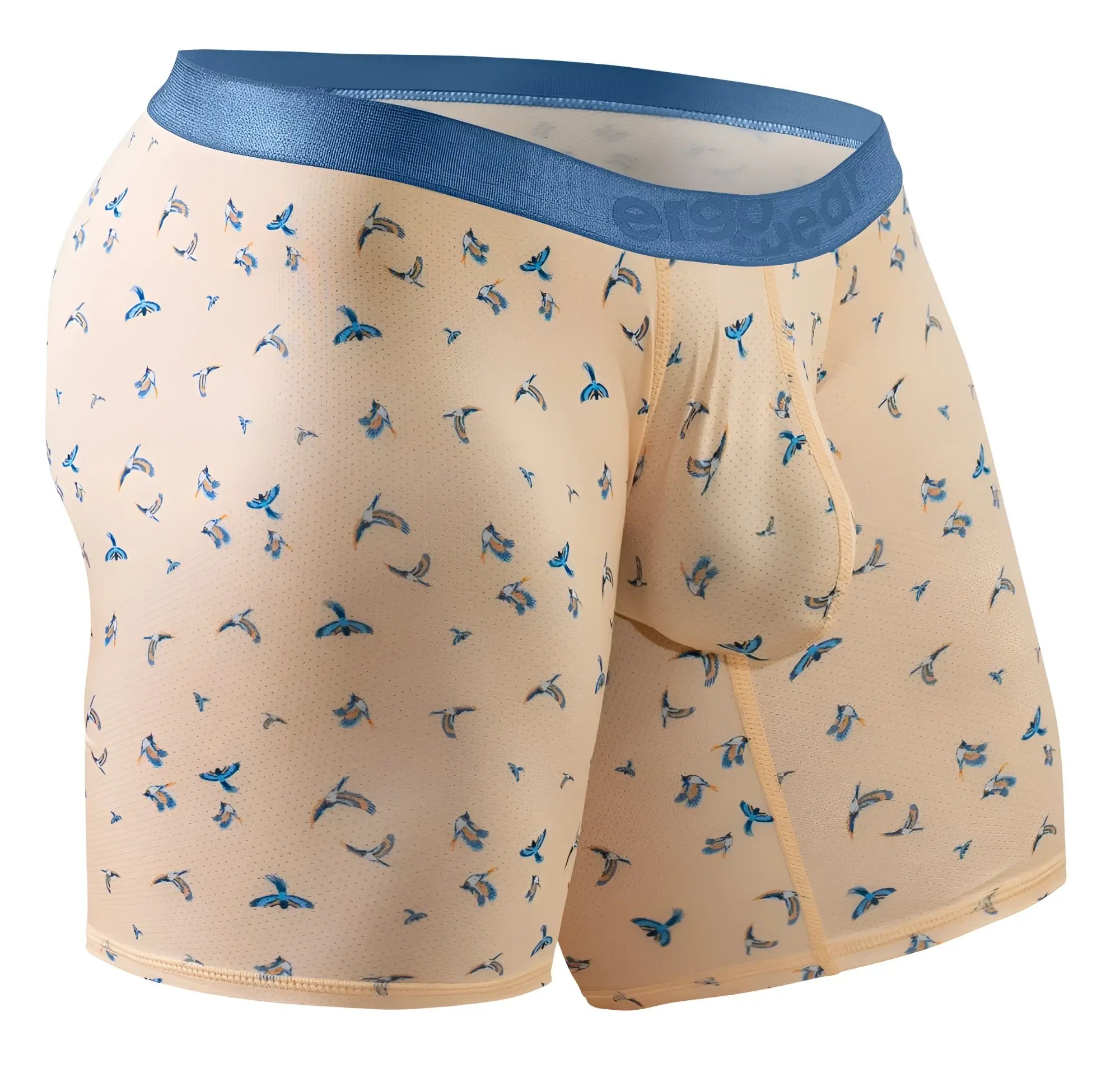 Beige peach birds boxer briefs by ergowear ew1775 slk se with blue bird pattern and solid blue waistband