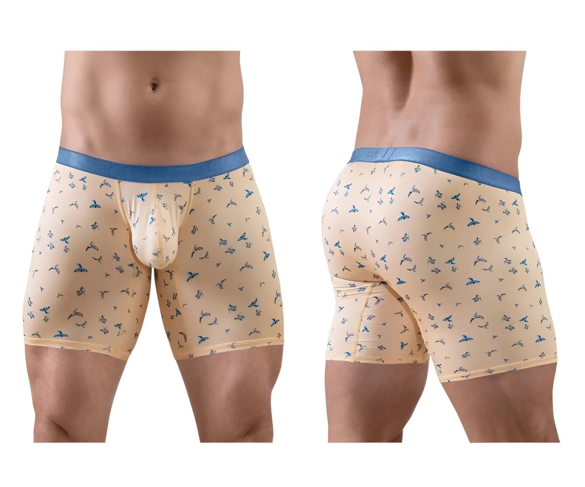 Beige ergoWear ew1775 slk se boxer briefs with blue elastic waistband and blue bird pattern for comfortable wear