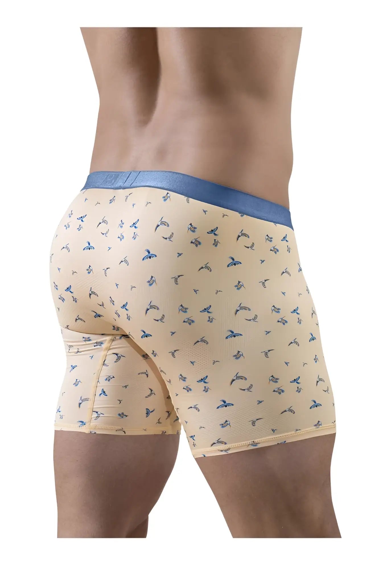 Beige ergo wear ew1775 slk se boxer briefs with blue elastic waistband and subtle blue bird pattern in peach color