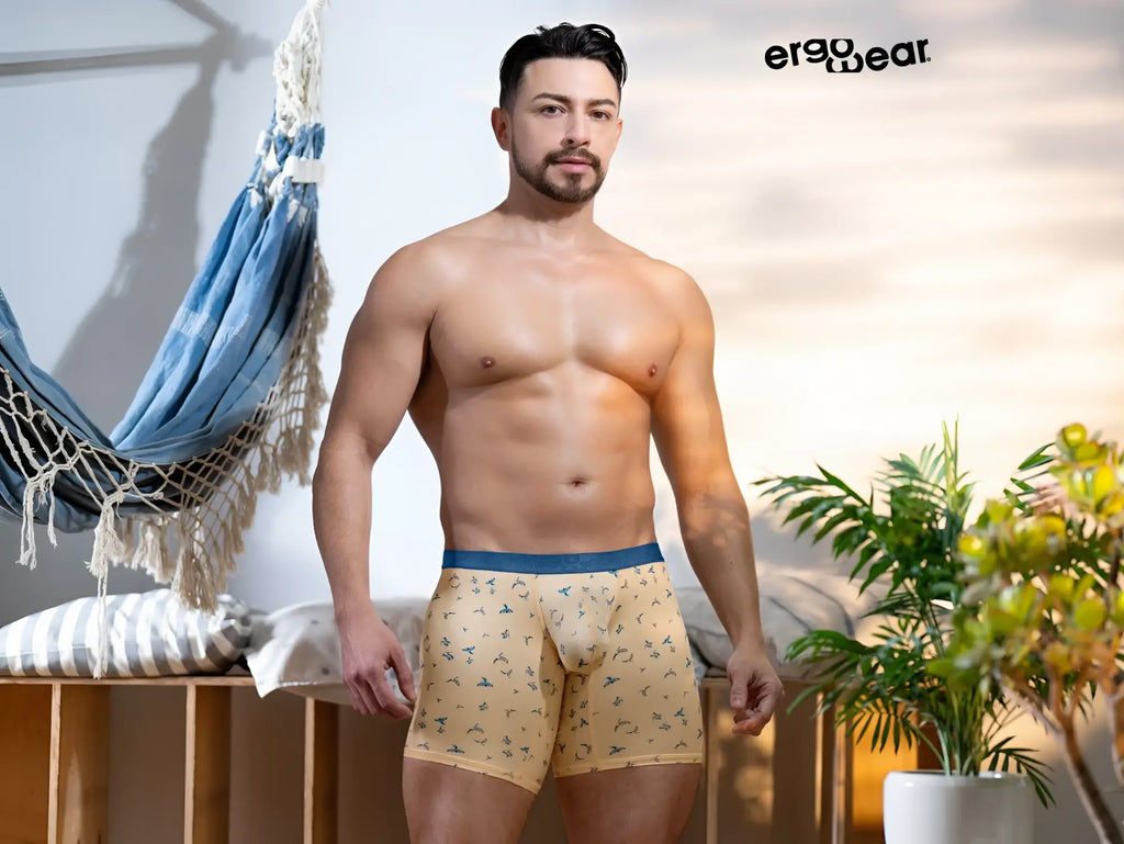 Beige ergoWear ew1775 slk se boxer briefs with subtle blue green pattern and solid navy waistband in peach birds color