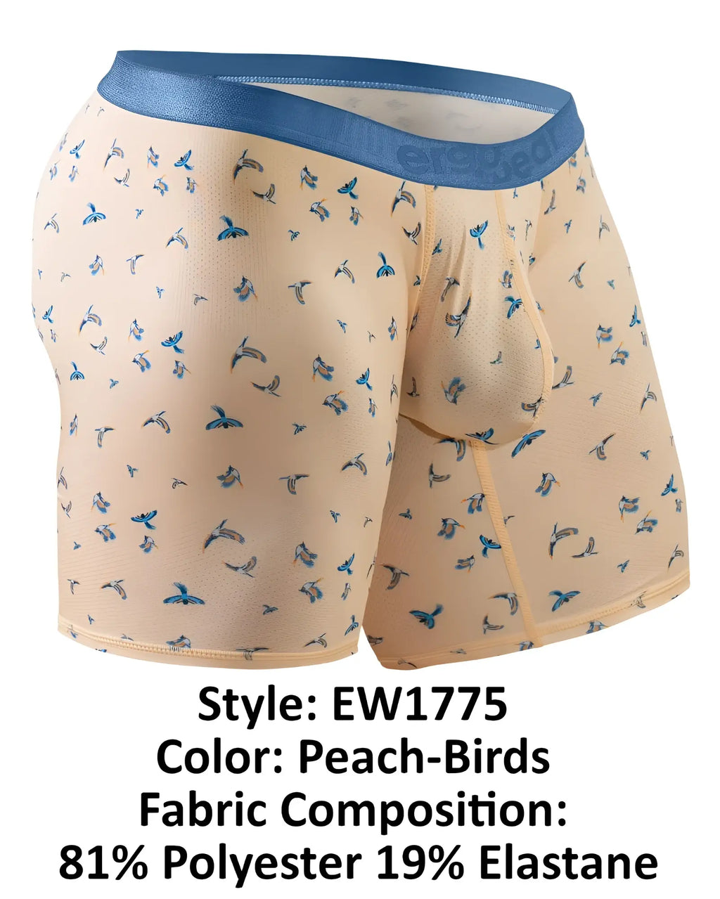 Peach-colored boxer briefs with blue bird pattern and matching blue elastic waistband by ergowear ew1775 slk se