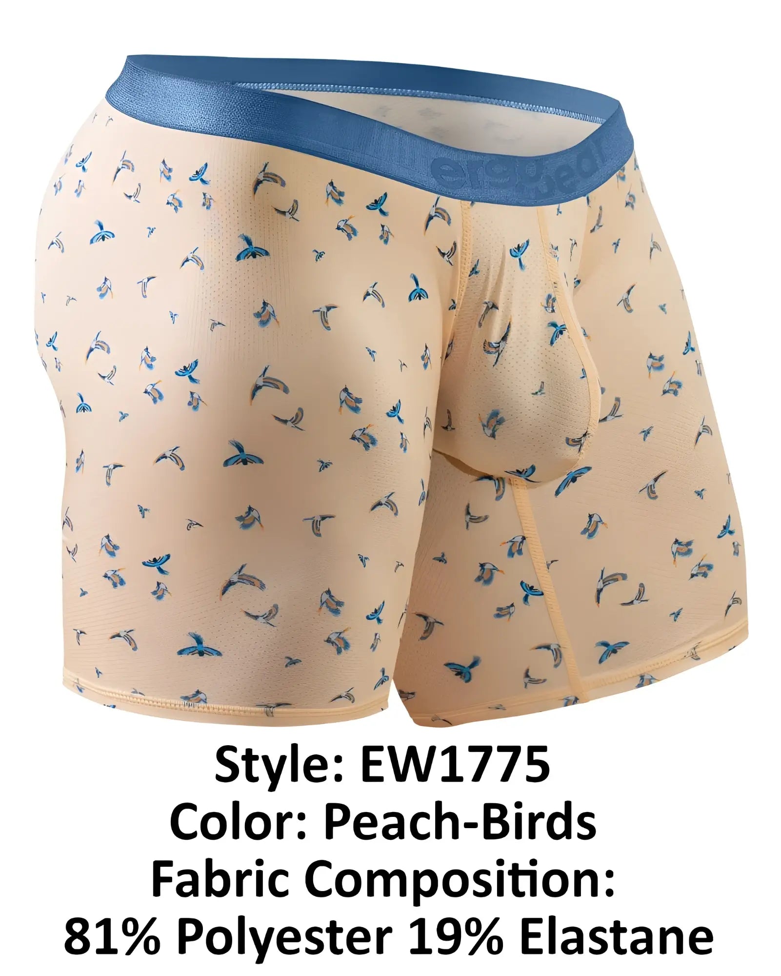 Peach-colored boxer briefs with blue bird pattern and matching blue elastic waistband by ergowear ew1775 slk se